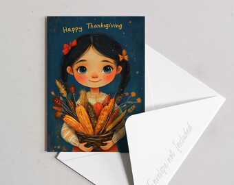 Thanksgiving Card with Adorable Girl Holding Harvest Basket of Corn – 5 x 7 PRINTABLE - Instant Download Whimsical Scrapbooking, Journaling