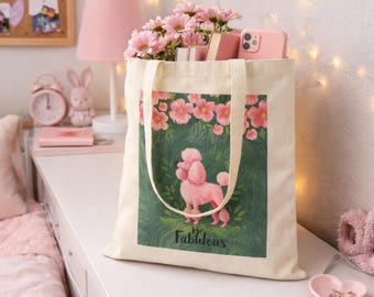 Pink Poodle Canvas Tote Bag: Floral Market Bag