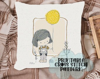 Little Girl with Balloon Printable Cross Stitch Pattern 23-05 Kids Room