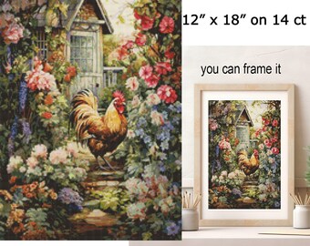 Quaint Cottage Garden Rooster Cross Stitch Pattern Flowers Printable Download Embroidery Cottagecore DMC Thread Country Style Farmyard
