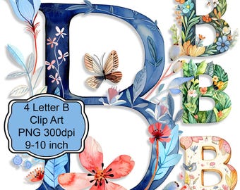 Floral Letter B Clipart PNG Bundle for Sublimation, Scrapbooking, Junk Journals, Printable Wall Art, Tags, Cards, Decoupage and POD Projects