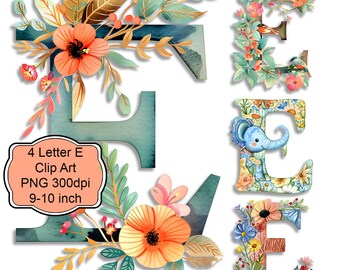 Letter E PNG Clipart with Elephant and Flowers for Junk Journals, Scrapbooking, Wall Art, Tags, Cards, Decoupage and Signs Crafts