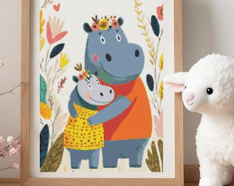 Nursery Mama Hippo Baby Hug – 14 Count Cross Stitch Pattern PDF