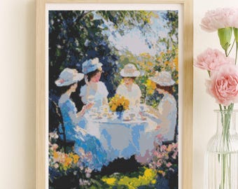Afternoon Tea Garden Cross Stitch Pattern Vintage Ladies Floral Outdoor Scene Art  (PDF) 14 ct