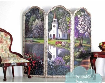 Church in the Glen Printable Dollhouse Room Screen Miniature 1:12 Scale 012c