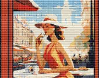 France Cafe Cross Stitch Pattern: Vintage Travel Poster (PDF)