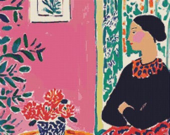 Matisse Inspired Woman in Room Cross Stitch Pattern (Printable PDF)
