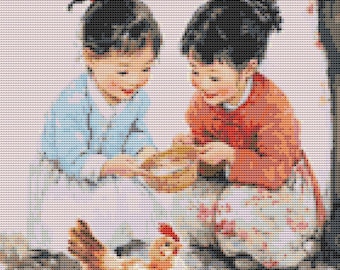 Asian Rural Childhood Cross Stitch Pattern Vintage Country Children Farm Scene Art  (PDF) 14 ct