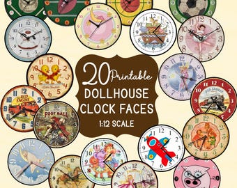 Dollhouse Clock Faces Printable Set of 20 for 1:12 Scale, Kids Room Sports Nursery Animal Red Engine DIY Miniature PDF Instant Download