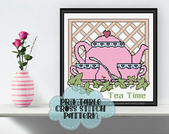 Pink Tea Set | Tea Time | Printable Cross Stitch Pattern 503