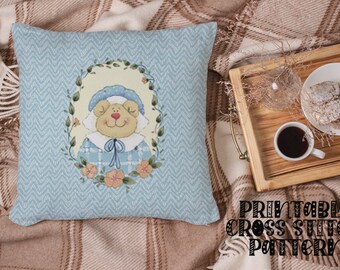 Give Thanks | Priscilla Bear Pilgrim | Pink Flowers Printable Cross Stitch Pattern 23-07 Kids Room