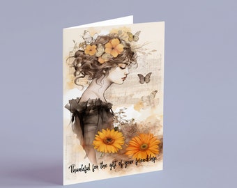 Gratitude Blooms: Friendship Greeting Card with Orange Flowers and Butterflies  5 x 7 Printable
