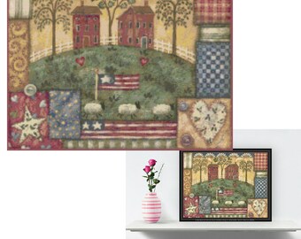 Patchwork Sheep Saltbox Houses Printable Cross Stitch Pattern - 16" x 12.5" Design for 14ct Aida #199