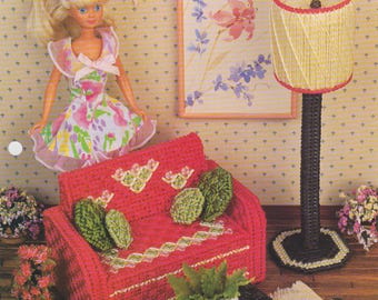 Sitting Pretty Plastic Canvas Doll Furniture Pattern Leaflet 1995 Vintage Living Room Couch Lamp Decor Annie's Attic