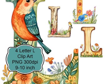 Woodland Bird Letter L Clipart PNG Bundle Floral Rustic Alphabet for Sublimation Scrapbooking Decoupage Signs Cards Tags Crafts