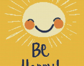 Be Happy Cross Stitch Pattern Smiling Sun Inspirational Quote Modern Cheerful Wall Art (PDF) 14 ct