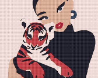Girl With Tiger Cross Stitch Pattern PDF for 14 ct Simple Modern Art Design