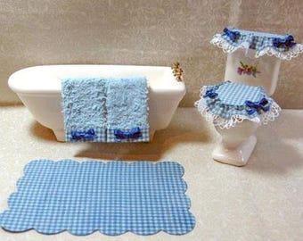 Dollhouse Blue Gingham 5-Piece Bathroom Set - Miniature 1:12 Scale Decor Handmade