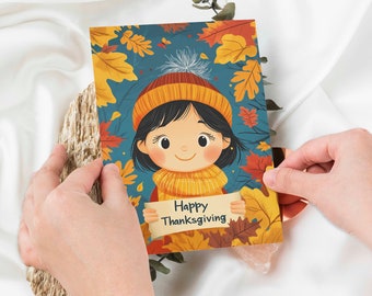 Adorable Thanksgiving Card with Smiling Girl and Autumn Leaves – 5 x 7 PRINTABLE - Instant Download Whimsical Scrapbooking, Journaling