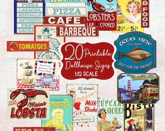 Dollhouse Food Signs Printable Set of 20 for 1:12 Scale, Retro Café Diner BBQ Seafood Market Bistro PDF Miniature Wall Art