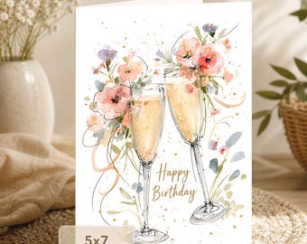 Champagne Birthday Card with Pink Flowers (5x7 Digital Download)