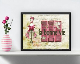French La Bonne Vie Printable Cross Stitch Pattern Pink Roses 018 Marie Antoinette Pink Roses