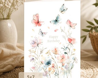 Butterfly Birthday Card with Pastel Wildflowers (5x7 Digital Download)