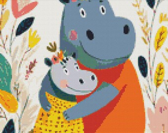 Nursery Mama Hippo Baby Hug – 14 Count Cross Stitch Pattern PDF