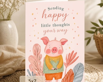 Pig Greeting Card | Sending Happy Thoughts, Floral Design (Digital Download)
