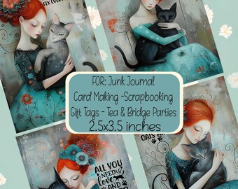 Cat Lover Lady Junk Journal Scrapbooking Gift Tags Card Making