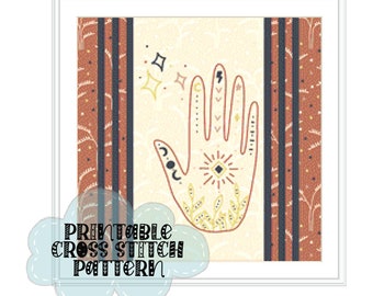 Mystical Hand and Moon Printable Cross Stitch Pattern