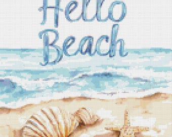 Hello Beach Cross Stitch Pattern Coastal Quote Seashells Ocean Decor Summer Wall Art (PDF) 14 ct