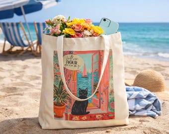 Follow Your Dreams Cat Tote Bag, Coastal Beach Canvas Bag