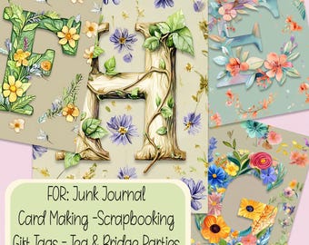 Floral Alphabet Cards E F G H Scrapbook Junk Journals Gift Tags Party Favors