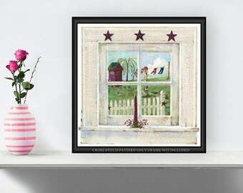 View from a Country Window Primitive Printable Cross Stitch Pattern 185
