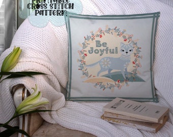 Discover the Charm of the Scandinavian Forest with the Little Blue Wolf Be Joyful Cross Stitch Pattern! for Pillow, Tote or Frame It!