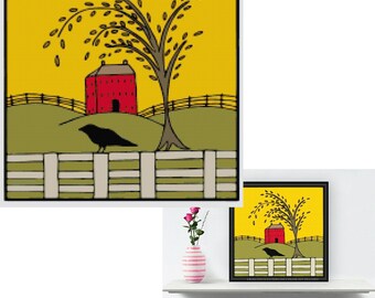 Primitive Crow Saltbox House Printable Cross Stitch Pattern - Rustic Country Decor Embroidery Country Home Decor