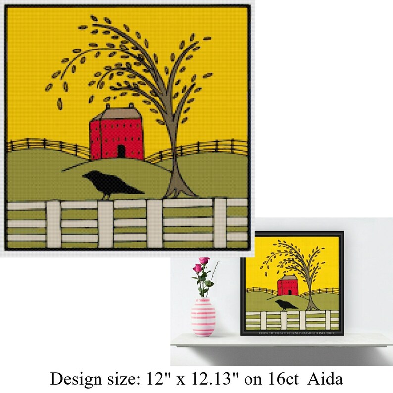 Primitive Crow Saltbox House Printable Cross Stitch Pattern Rustic Country Decor Embroidery ...
