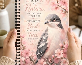 Listen to Nature Inspirational Bird 6x8 Spiral Notebook Journal with Cherry Blossoms for Writing and Reflection
