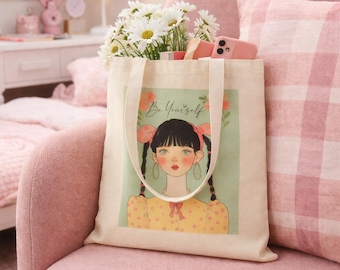 Canvas Tote Bag: Girl Illustration, "Be Yourself" Message, Pastel Floral Art