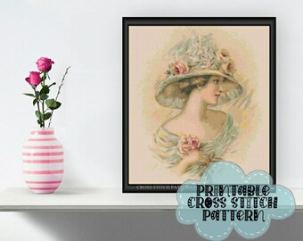 Victorian Lady in Teal | Printable Cross Stitch Pattern 535 Vintage Style