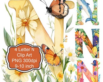 Decorative Letter N PNG Clipart Bundle with Flowers and Butterflies for Decoupage Sublimation Scrapbooking Tags and Labels Cards and Shirts