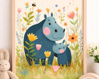 Hippo Mother and Baby Nursery Wall Art Printable 8x10 Sweet Animal Illustration