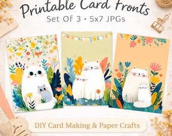 Printable Card Fronts Set of 3 Cute Cat 5x7 JPG Card Starters
