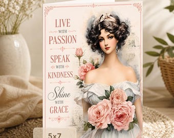 Vintage Woman Art Card, Passion Kindness Grace Quote (Digital Download)