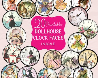 Dollhouse Clock Faces Printable Set of 20 for 1:12 Scale, Cute Animal Cat Dog Bear Lamb DIY Miniature PDF Instant Download Poodle Dogs