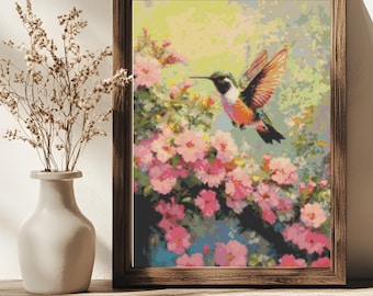 Hummingbird Cross Stitch Pattern Floral Garden Bird Soft Painterly Nature Wall Art (PDF) 14 ct
