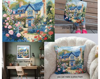 Cross Stitch Pattern Tranquil Cotswolds Cottage : Tan Stone Charm with Blue Accents wall poster home decor Printable