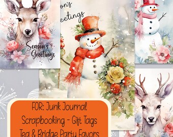 Seasons Greetings Holiday Typography Cards Snowman Deer Scrapbooking Junk Journal