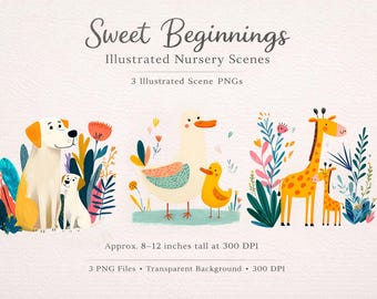 Sweet Beginnings Illustrated Nursery Scene PNGs Baby Animal Art
